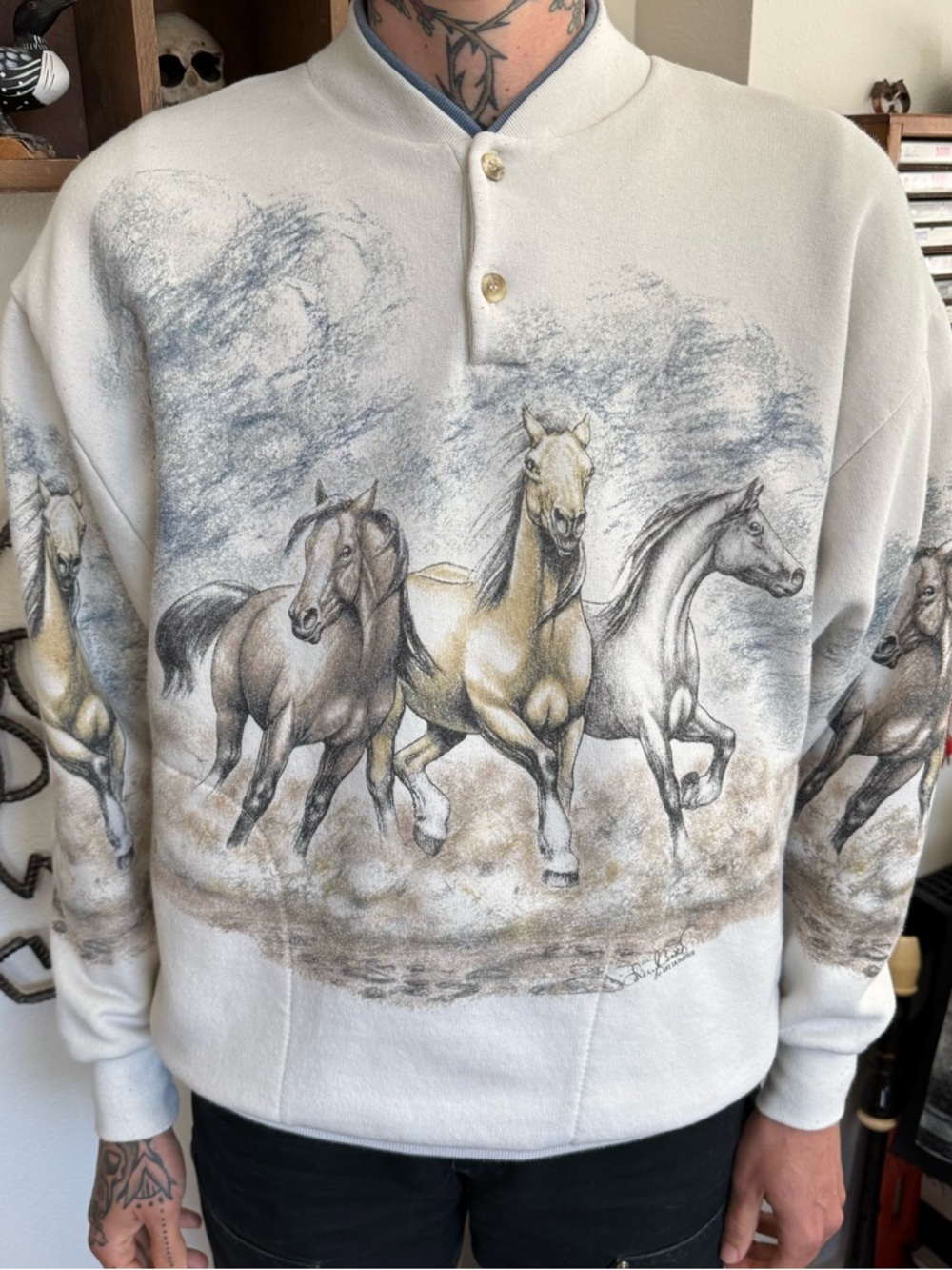 Vintage 90s Wild Horses AOP Henley Graphic Sweatshirt Art Unlimited ~ Size M